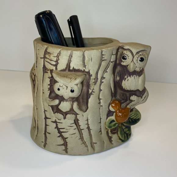 Vintage 70s Kitschy Owl Tree Pencil Holder Cup